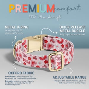 The image is an advertisement for a premium comfort dog collar. It features a pink collar with a metal D-ring and buckle, and it highlights the collar's features such as the metal D-ring for attaching the leash, the metal buckle for quick release, and the breathable fabric for comfort. The collar is made of Oxford fabric, which is adjustable and designed to accommodate a dog's fur. The ad emphasizes that the collar is 100% handcrafted, ensuring quality and durability.