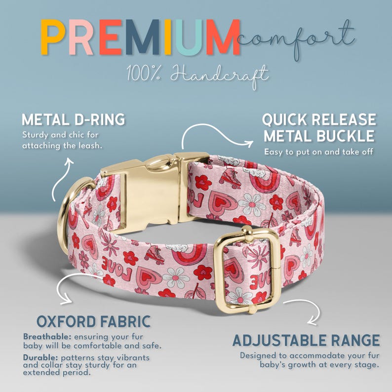 The image is an advertisement for a premium comfort dog collar. It features a pink collar with a metal D-ring and buckle, and it highlights the collar's features such as the metal D-ring for attaching the leash, the metal buckle for quick release, and the breathable fabric for comfort. The collar is made of Oxford fabric, which is adjustable and designed to accommodate a dog's fur. The ad emphasizes that the collar is 100% handcrafted, ensuring quality and durability.