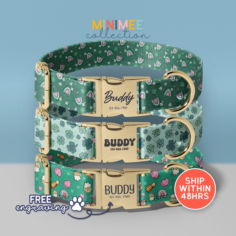 three colorful dog collars with unique patterns, each with a personalized name tag. The collars are displayed against a light blue background, and there is a shipping offer for the collars.