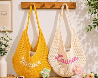 Personalized Crochet Beach Bag, Bridesmaid Gift Bag, Bachelorette Trip Gift for Her, Custom Beach Tote, Boho Beach Bag, Travel Tote