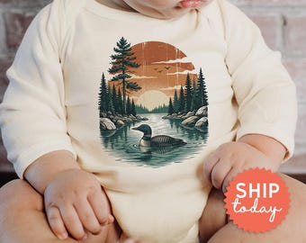 Cottagecore Baby Onesies® Brand, Forest Baby Bodysuit, Loon Print Infant Shirt(BC-TRE275)