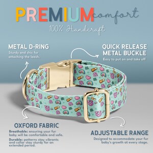 The image is an advertisement for a dog collar with a metal buckle and a metal D-ring. It features a close-up view of the collar and highlights its features, such as the metal buckle and adjustable range.