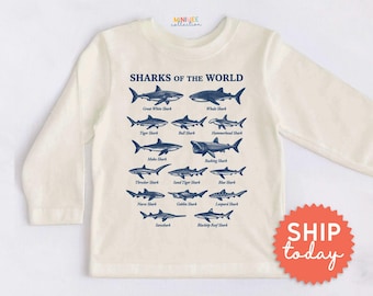 Sharks of the World Kids Shirt - Vintage Shark Toddler Tee - Cream Ocean Animal Outfit for Summer(BC-TRE278)