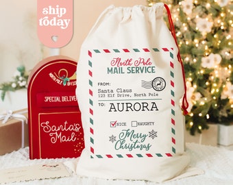 Benutzerdefinierte Nordpol-Post-Service-Weihnachtstasche, lustige Weihnachtstasche mit Namen, Weihnachtsgeschenktasche, personalisierter Weihnachtsmannsack (CB-6 Mail)