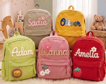 Personalized Corduroy Backpack with Hand-Crocheted Name, Christmas Gift for Toddler and Kids