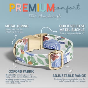 The image is an advertisement for a dog collar with a floral print, highlighting its premium comfort features such as the metal d-ring, quick release metal buckle, and Oxford fabric.