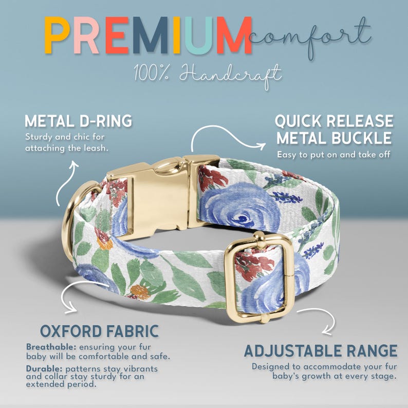 The image is an advertisement for a dog collar with a floral print, highlighting its premium comfort features such as the metal d-ring, quick release metal buckle, and Oxford fabric.