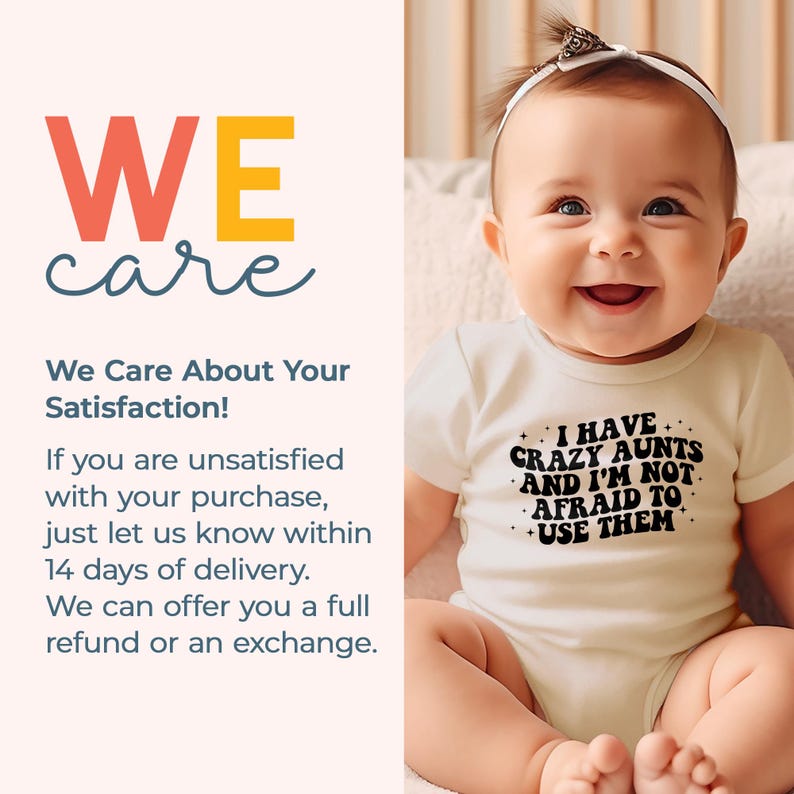 a baby sitting on a bed wearing a t - shirt that says we care