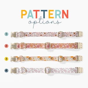 a variety of colorful patterned dog collars, each with different designs and styles.