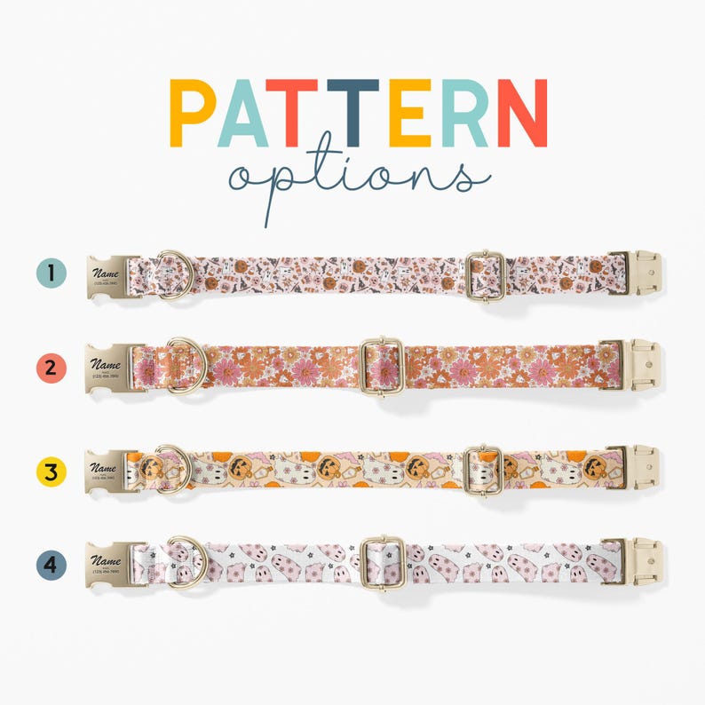 a variety of colorful patterned dog collars, each with different designs and styles.