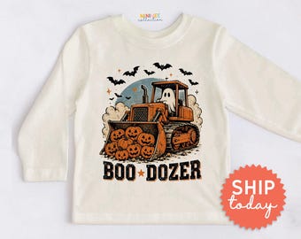Boo Dozer Toddler Shirt - Cute Halloween Construction Kids Tee - Pumpkin Bulldozer Fall Outfit(BC-HAL181)