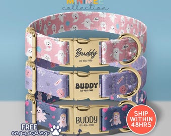 Ghost Print Personalized Engraved Name Dog Collar, Halloween Custom Engraved Name Dog Collars, Spooky Dog Collar With Name Engraving(DC-275)