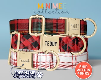 Plaid Personalized Dog Collar And Leash Set, Engraved Name On Dog Collar, Checked Dog Collar, Stylish Dog Accessories, (DC-29)