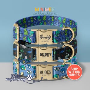Cute Dinosaurs Personalized Dog Collar, Adjustable Dog Collar, Dino Custom Dog Collar, Cute Soft & Adjustable, Free Engraving, (DC-118)