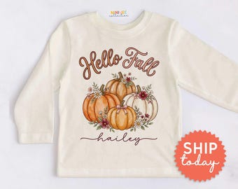 Hello Fall Kids Shirt - Personalized Pumpkin Toddler Tee - Custom Name Autumn Outfit(BC-FALL119)