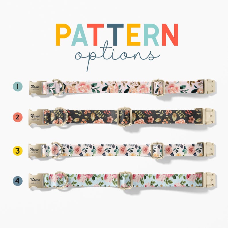 a collection of colorful patterned dog collars, each with a unique design and color scheme. The collars are arranged in a row, showcasing various patterns and colors. The text "PATTERN options" is prominently displayed above the collars, indicating the variety of options available for customers.