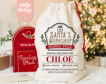 Santa's Workshop Bag, Custom Name Special Delivery Santa Sack, Holiday Gift Bag, Santa Approved Checked Twice Bag, (CB-14 Workshop)