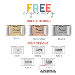 a collection of personalized buckle options for a collar or strap, including different colored buckles and font options.