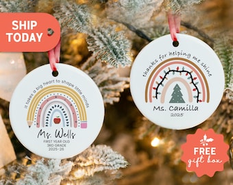 Custom Rainbow Teacher Christmas Ornament • Personalized Teacher Ornament with Name & Year • Cute Personalized Teacher Keepsake Gift