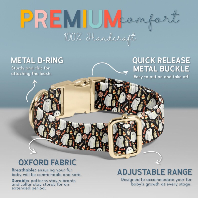The image is an advertisement for a dog collar with a Halloween-themed pattern. It features a metal D-ring and a metal buckle, highlighting the collar's premium comfort and adjustability. The collar is made of Oxford fabric, which is breathable and comfortable for the fur, and the adjustable range allows it to accommodate the fur's growth. The collar is designed to provide a secure and stylish leash for the dog.