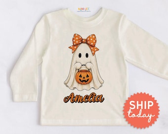 Personalized Halloween Ghost Kids Shirt - Custom Name Pumpkin Toddler Tee - Spooky Girls Birthday Outfit(BC-HAL183)