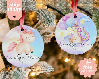 Adorno de unicornio personalizado, regalo de nombre personalizado para Navidad, decoración navideña, adorno de Navidad personalizable