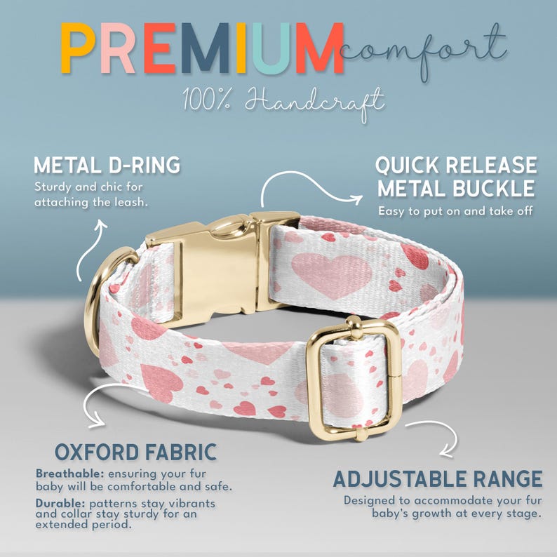 The image is an advertisement for a dog collar with a pink heart pattern. It features a close-up of the collar and highlights its features, such as the metal D-ring, quick release metal buckle, Oxford fabric, and adjustable range.