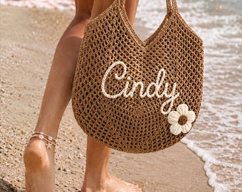Personalized Crochet Beach Bag, Bachelorette Party Favor, Girls Trip Gift, Boho Beach Bag, Vacation Tote with Name