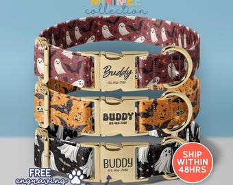 Personalized Dog Collar With Name Engraving, Halloween Theme Custom Engraved Name Dog Collars, Ghost Pumpkin Personalized Pet Collar(DC-269)