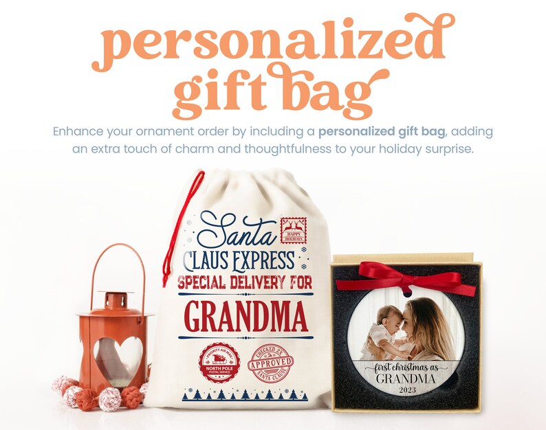 a personalized gift bag with a picture of a woman holding a baby