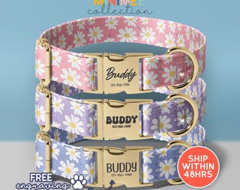 Collar de perro personalizado con nombre grabado, collar floral con nombre grabado, collar de perro con margaritas (DC-278)