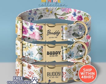 Dog Collar with Flower Pattern, Girl Dog Collar, Custom Engraved Dog Collar, Print Dog Collar, Soft & Adjustable, Dog Gift, (DC-95)