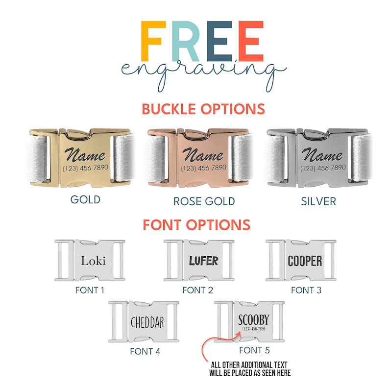 a collection of personalized buckle options for a collar or strap, including different colored buckles and font options.