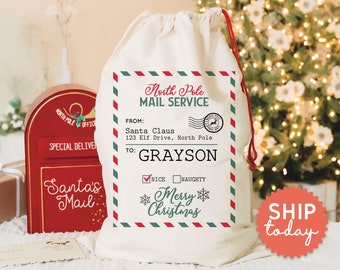 Custom North Pole Mail Service Christmas Bag, Funny Christmas Bag With Name, Holiday Gift Bag, Personalized Santa Bags, (CB-6 Mail)