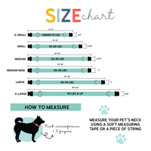 The image is a size chart for pet collars, providing measurements for different neck sizes. It includes a diagram of a dog wearing a collar and instructions on how to measure a pet's neck using a soft measuring tape or a piece of string.