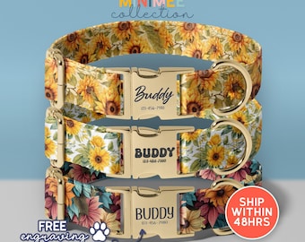 Sunflower Dog Collar, Personalized Dog Collar, Floral Dog Collar, Custom Dog Collar With Name, Soft & Adjustable, Dog Gift, (DC-86)