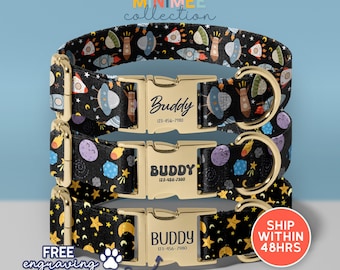 Out in Space Dog Collar, Galaxy Personalised Dog Collar, Personalized Dog Collar with Name, Custom Engraved Collar, (DC-124)