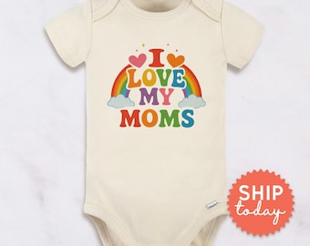 Rainbow I Love My Moms Baby Onesies® Brand | Two Moms Pride Bodysuit | LGBTQ Family Baby Clothes | Same Sex Parents Gift (BC-PRI108)