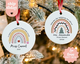 Custom Rainbow Teacher Christmas Ornament • Personalized Teacher Ornament with Name & Year • Cute Personalized Teacher Keepsake Gift