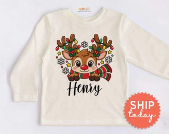 Personalized Baby Boy Deer Kids Shirt - Custom Name Christmas Toddler Tee - Cute Gift(BC-CHR105)