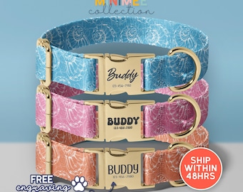 Seashell Dog Collar with Gold Buckle | Adjustable Collar with Engraved Pet Name (DC-309)