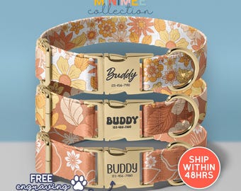 Vintage Floral Pattern Personalized Dog Collar And Leash, Trendy Dog Accessories, Dog Lover Gift, Custom Engraved Pet Name, (DC-21)