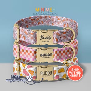 three colorful dog collars with different patterns, including a floral pattern, a checkered pattern, and a pizza-themed pattern. The collars are labeled with the names "Buddy" and "Buddy" in a playful font. The collars are also described as "free engraving" and "SHIP within 48HOURS", indicating that they can be personalized with a free engraving and that they can be shipped within 48 hours.