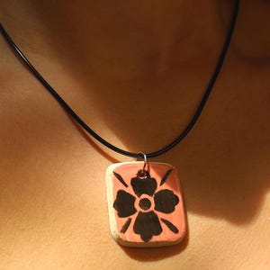 Handmade Pottery | Pink and Black Floral Square Pendant Necklace