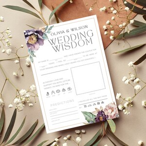 May include: A printable wedding wisdom card with a floral design. The card has a space for guests to write their name, how long they have known the couple, and their wedding wisdom. The card also has a section for predictions about the couple's future.