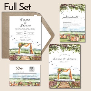 May include: Wedding invitation suite with a watercolor illustration of a wedding ceremony in a garden setting. The invitation features a floral archway, chairs, and a pathway. The save the date card features the same illustration with the text "Save the Date Emma & Steven 06.24.2025". The wedding details card features the text "Wedding Details" and includes information about the ceremony, reception, and accommodation.