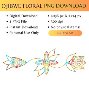 Peut inclure: Un téléchargement numérique d'un motif floral coloré dans le style de l'art ojibwé. Le motif représente trois fleurs reliées par une tige. Les fleurs sont dessinées en noir et remplies d'un dégradé de rouge, orange, jaune, vert, bleu et violet. Le motif mesure 4096 pixels par 1714 pixels et 300 dpi.