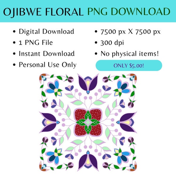 Digital Download 1 PNG Ojibwe Floral by Mazinibii | 4096px X 4096px | 300dpi | Personal Use
