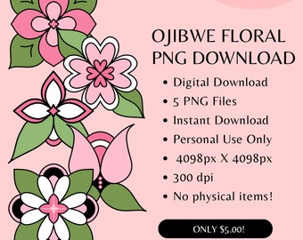 Digital Download PNG Ojibwe Floral by MazinibiiDesigns | 5 PNG Files | 4096px X 4096px | 300dpi | Personal Use
