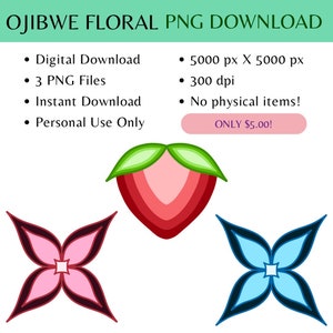 Puede incluir: Tres ilustraciones digitales de flores en un estilo geométrico estilizado. Las flores son rojas, rosas y azules. El texto "OJIBWE FLORAL PNG DOWNLOAD" está en la parte superior de la imagen. El texto "ONLY $5.00!" está en la parte inferior de la imagen.